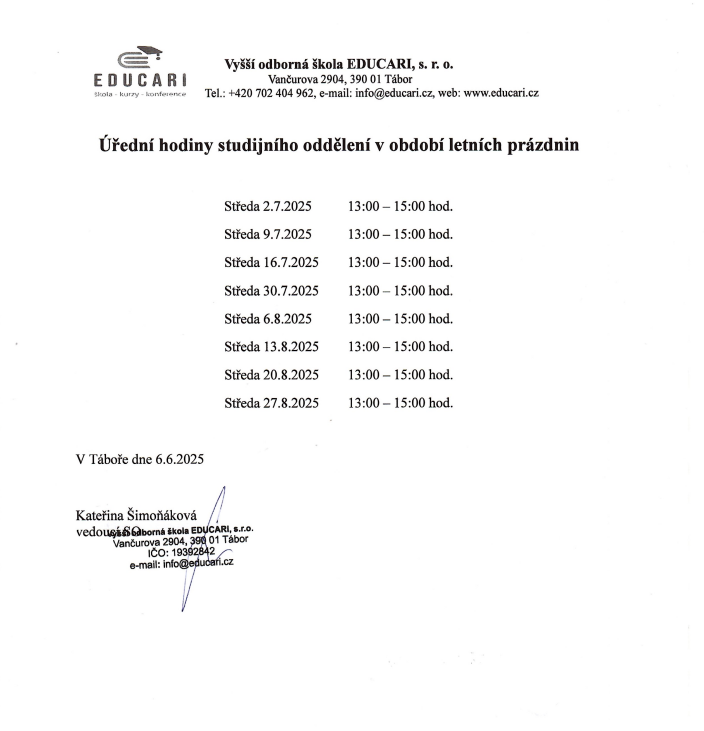 Úřední hodiny studijního oddělení v období letních prázdnin